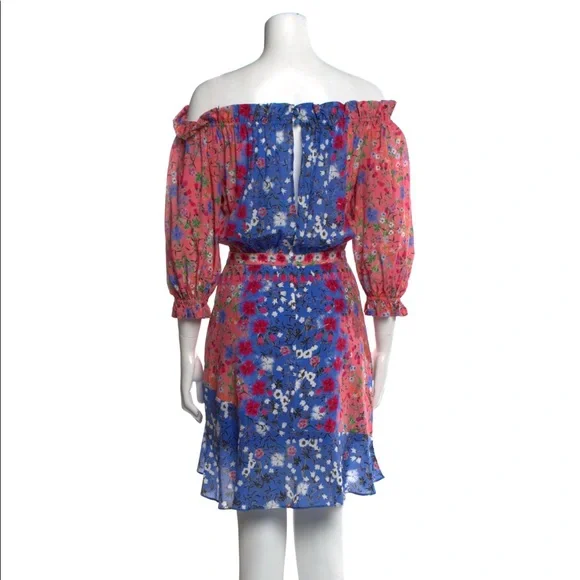 $700 Saloni Silk mini ruffle puff sleeves blue pink floral flowers dress 0 S XS - Picture 3 of 3